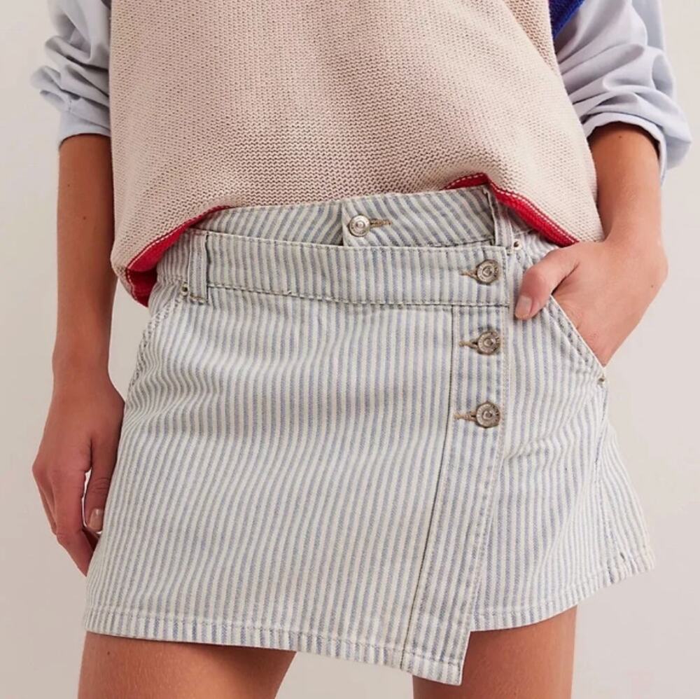 Free People Blue and White Striped Button-Front Mini Skirt